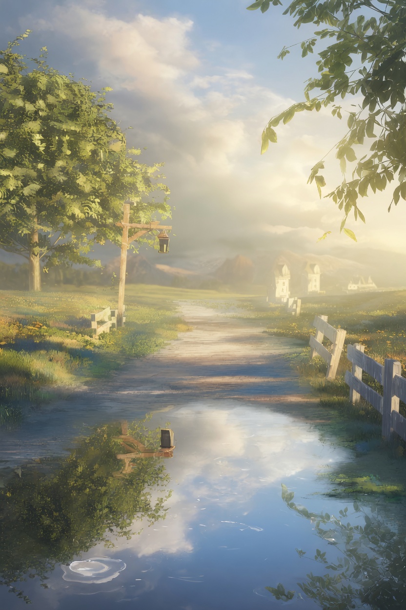 Painterly countryside path after rain, puddles reflecting sky, lantern and wooden fence